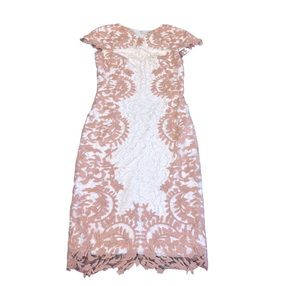 Tadashi Shoji Lace Sheath Cocktail Dress Sz 4 Cap Sleeve White Blush Romantic